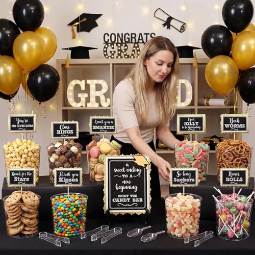 Domensi 51 Pcs Graduation Candy Bar Party Decorations 2026 Graduation Candy Buffet Signs Set Grad Party Favors with 12 Buckets 1 Big Sign 12 Labels 1 Stand 12 Sticks 6 Tongs 6 Scoops 1 Tape(Stylish)
