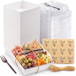 Leafiew 50 Pack Small Charcuterie Boxes with Clear Lids and Forks - To Go Paper Mini Charcuterie Box, Disposable Food Containers, 5Inch Dessert Boxes for Cookie, Cake Slice, Strawberries (White)