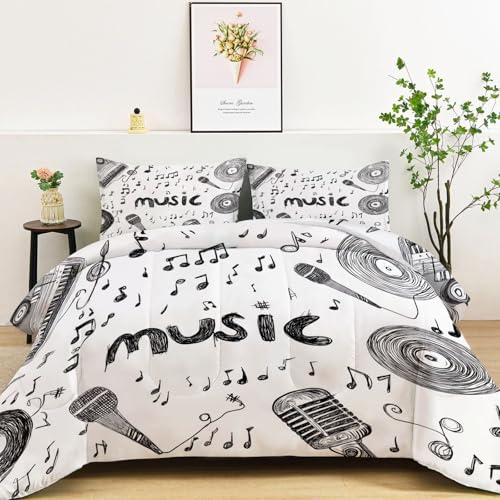 Srigzcaly Edredón Nórdico 200x200cm 4 Estaciones - Relleno de Fibra 200gr/m2, Dibujo Graffiti Notas Instrumentos Suave Transpirable Ligero y Cálido para Invierno, Blanco