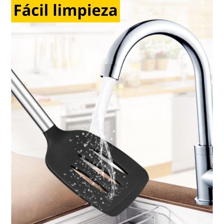 TINA&CO Juego de utensilios de cocina silicona 15 piezas de silicona con mango de acero inoxidable, resistentes al calor, antiadherente, espátulas grandes, apto para lavavajillas (Negro)