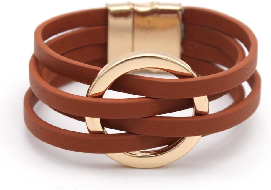 Multi-layer Leather Wrap Bracelet Boho Layered Leather Circle Charm Cuff Bracelet for Women Jewelry