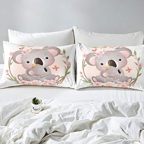 feelingyou Cute Koala Pink Flowers Pattern Duvet Cover Set (No Comforter) White Color Bedding Set for Kids Girls Teens Comforter Cover with Zipper Ties (1 Duvet Cover + 2 Pillow Cases) Double Size - Image 4