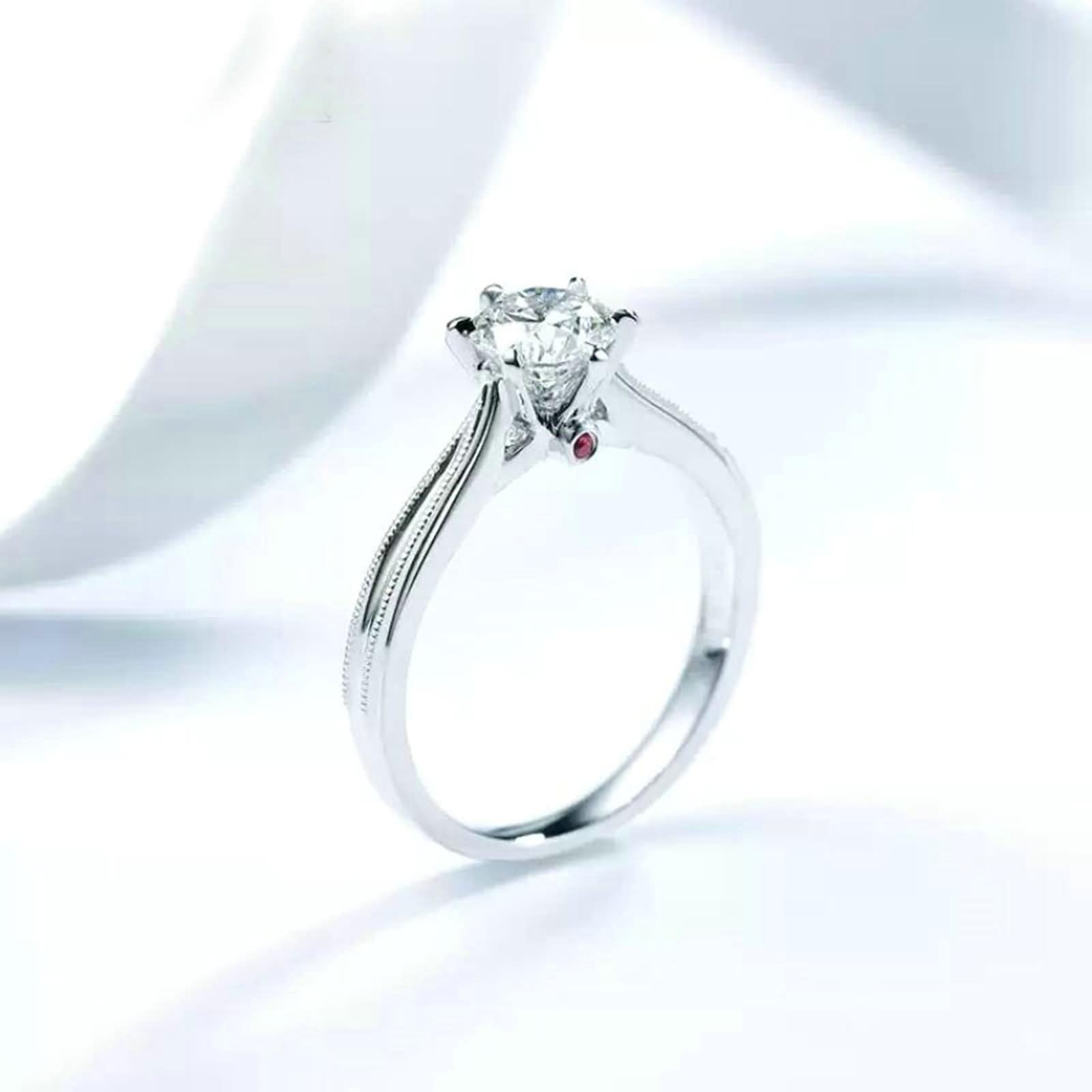 Eheringe Vintage, Ringe Frauen Set mit 0,7 Ct Rundem, im Labor Gezüchtetem Diamanten und Künstlichem Rubin Weißgold/Platin