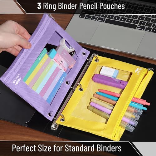 Image of Mr. Pen- Pencil Pouch for 3 Ring Binder, 2 Pack, 10 inchx6.75 inch, Smooth Zipper | Clear Window, Large Capacity Pencil Case with 3 Reinforced Grommets for School, Office, Supplies Storage | Clear Window, Large Capacity Pencil Case with 3 Reinforced Grommets for School, Office, Supplies Storage