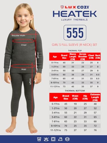 Image of Lux Cozi HEATEK Girl's Black Melange Round Neck Full Sleeves Thermal Top and Bottom Set | Thermal Set for Girls | Style - 555