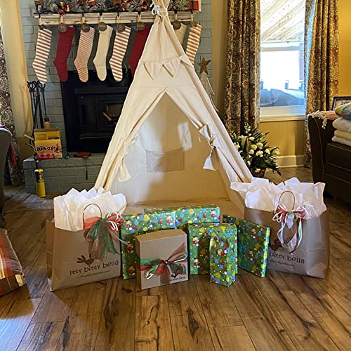 Natural Canvas Teepee with Floor, Pocket, LED Light, Flags Banner and Storage Bag, Play Tent, Play House, Kids Room Decor