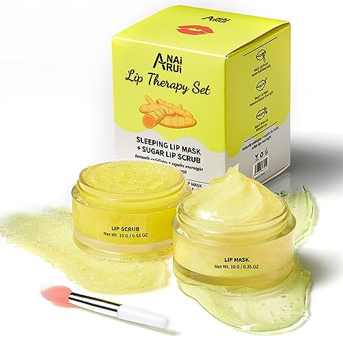 ANAiRUi Lip Care Set - Exfoliante Labial y Mascarilla Labios Set - Mascarilla Labios Noche - Lip Scrub - Exfoliante e Hidratante Para Labios Secos, Agrietados, Descamados (Cúrcuma + Miel)