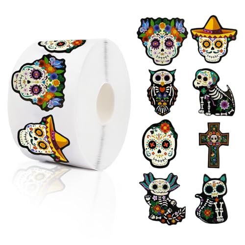 ALFEUND 500 PCS Day of the Dead Sugar Skull Sticker Pack 8 Unique Colorful Dia de Muertos Designs (1.5) for Water Bottles Scrapbooks Gift Bags & Party Favors