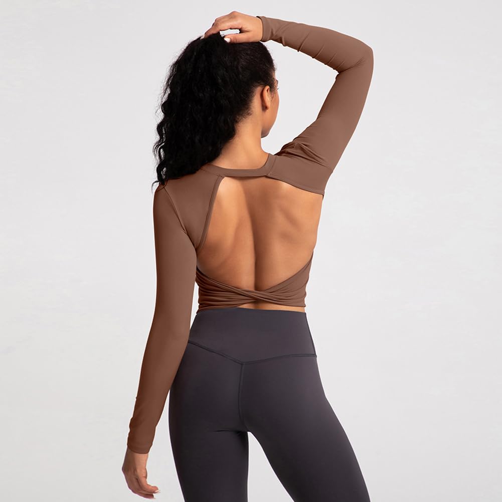 T-shirt de sport à manches longues dos nu pour femme : haut torsadé dos nu avec bonnets fixes - T-shirt d'été sexy pour yoga, fitness, gym