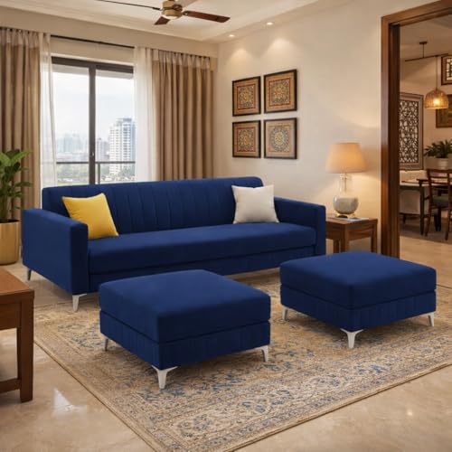 Image of Amelia 5 Seater L Shape Sofa Set with 2 Movable Ottomans | Flexible Layout | Rich Velvet Suede Fabric | Silver Legs | Spacious Seating | Modern Sofa for Living Room (Dark Blue)