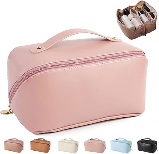 JRM Women’s Large Capacity Cosmetic Travel Bag – Waterproof Leather Makeup Organizer with Wide Opening, Dividers with Handle (Cross Open, Pink)