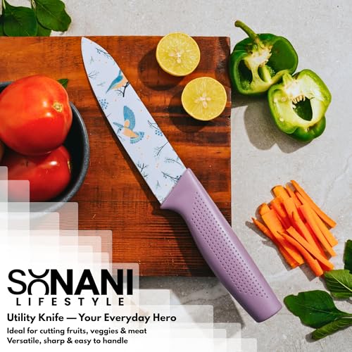 Image of Professional Piece Kitchen Knife Set - High Carbon Stainless Steel Chef, Utility & Santoku Knives with Ergonomic Blue Handles Knife (Purple, 3 piece)