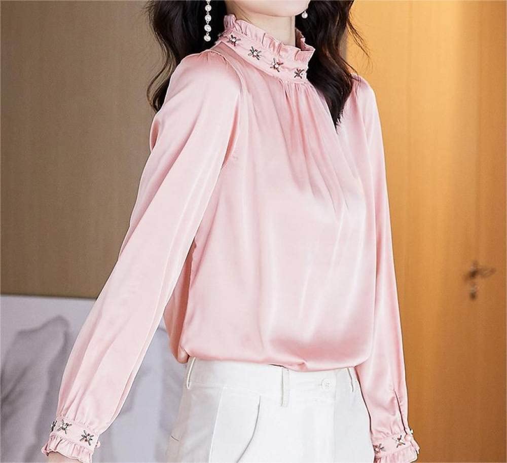 Lockeres Damenhemd,Eleganter Damen-Pullover Plissee-Oberteile Satin-Blusen-Hemd Ballon-Lange Ärmel Solidd Tunika Chiffon-Hemd Komfort-Oberteile Lässige Büro-Business-Bluse Für Mädchen Damen,Pink,M