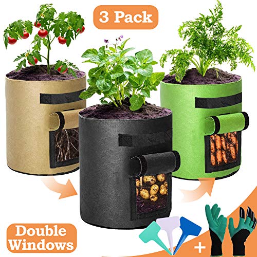 Grow Bags 7 Gallon, Two Windows, 3 Pack Breathable Potato Grow Bags with Handles and Flap, Thickened Fabric, Heavy Duty Plant Grow Bags for Tomatoes, Onions, Carrots and Vegetables, Garden Planter Pot