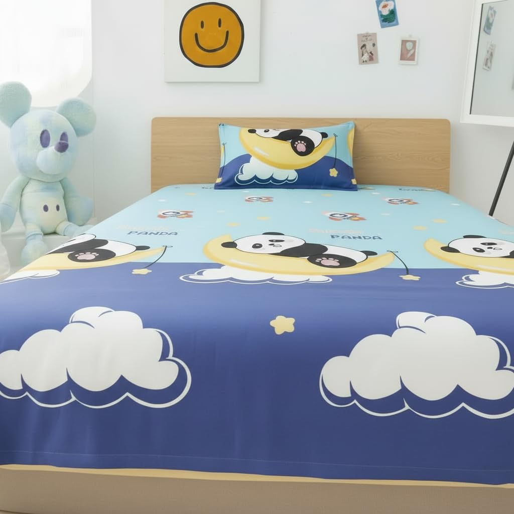 Filymore Kids Single Bedsheet with Pillow Cover – Cloud Panda Theme, 240 TC Soft Microfiber Bed Sheet for Single Bed (90x60 Inches), Breathable & Skin-Friendly Kids Bedding Set, Sky Blue & Purple 2
