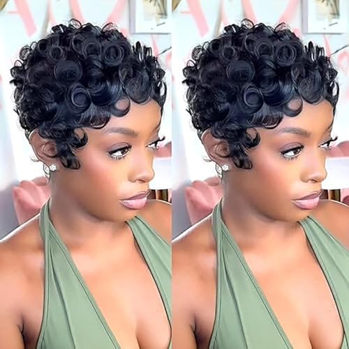 Yrenrea Short Curly Pixie Cut Human Hair Wig Glueless Full Machine Made Finger Wave Wig Natural Black No Glue Short Pixie Wigs for Black Women Daily Use