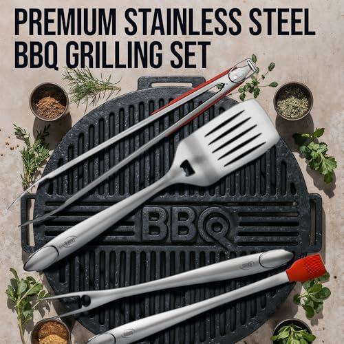 Image of Kaluns BBQ Grilling Accessories, Grilling Gifts for Men Dad, Grill Tools for Outdoor Grill, Heavy Duty Stainless Steel Grill Set with Spatula, Tongs, Fork, Brush, & Grilling Mat, Best BBQ Gifts