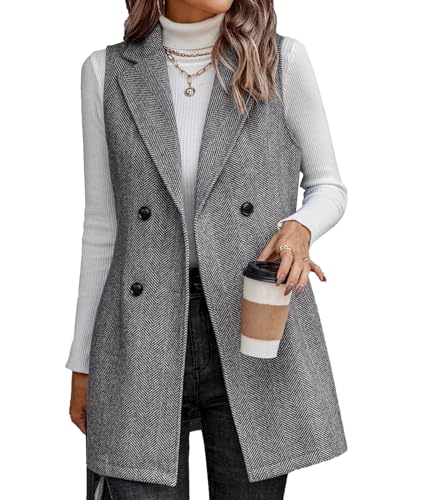 SEMATOMALA Wool Blend Long Vest for Women Sleeveless Tweed Blazer Jacket Longline Cardigan Outerwear