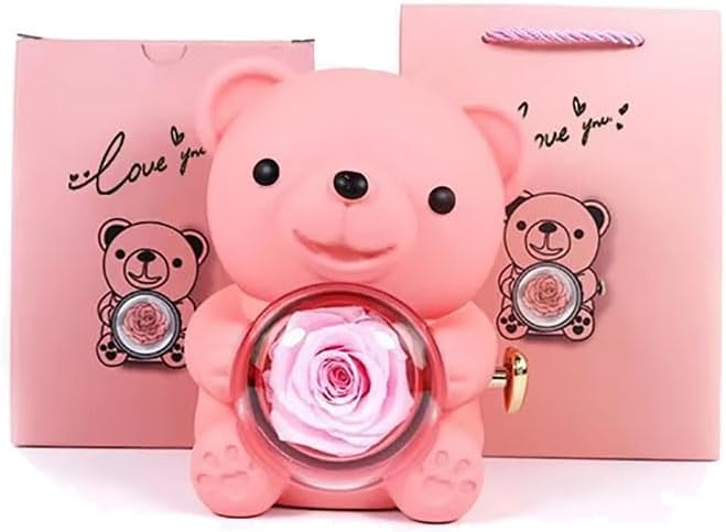 Preserved Rose Box Creative Hug Bear Jewelry Box Elegant Valentines Present Box Rotating Jewelry Holder for Valentines Day Decor 1PCS (Pink)