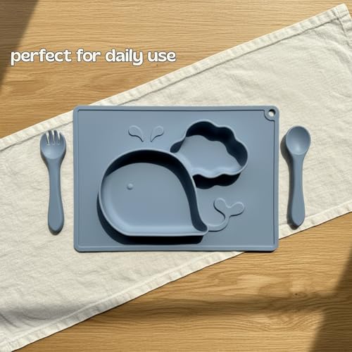 Image of TCK Silicone Baby Meal Plate Set with Spoon & Fork | Whale Shaped | Blueberry Colour | 2 Section Divided Plate for Toddlers | Food Grade Kids Feeding Set | Microwave Dishwasher Safe