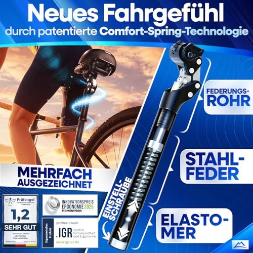 NEXTCOVER® Sattelstütze gefedert - Das Original - mit 27.2/30.9/31.6/34.9mm Durchmesser und [Comfort-Spring] Technologie I gefederte Sattelstütze, Sattelstange, Federsattelstütze