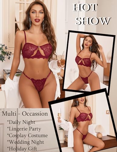 Image of Avidlove Lingerie for Women Sexy Lace Bra and Panty Set Underwire Push Up Lingerie Sets Demi Half Cup