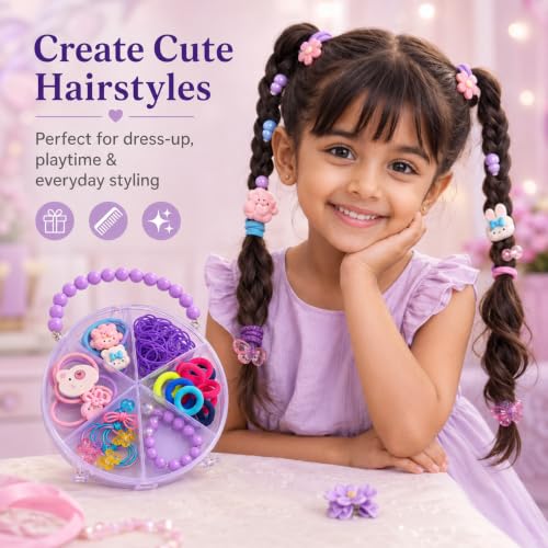 Image of Hair Accessories for Kids Girls | Purple Beaded Handle Box with Character Hair Ties, Rubber Bands & Beads | Hair Accessories for Baby Girl | Cute Hair Ties Set for Kids | Mixed Designs