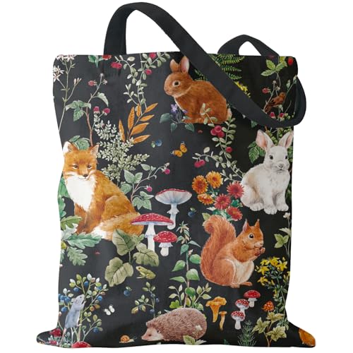WRAPAHOLIC Black Canvas Tote Bag - Forest Vivid Animal Plants Reusable Shoulder Tote Bag for Women Girls Casual Vacation, Campus, Shopping, Work