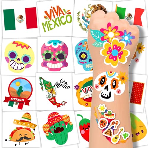 winthrop 240 Pcs Bulk Viva Mexico Temporary Tattoos for Kids, Individually Wrapped Safety Waterproof Tattoos, Best Choice for Mexican Fiesta Party Mexican Independence Day, 60 Designs