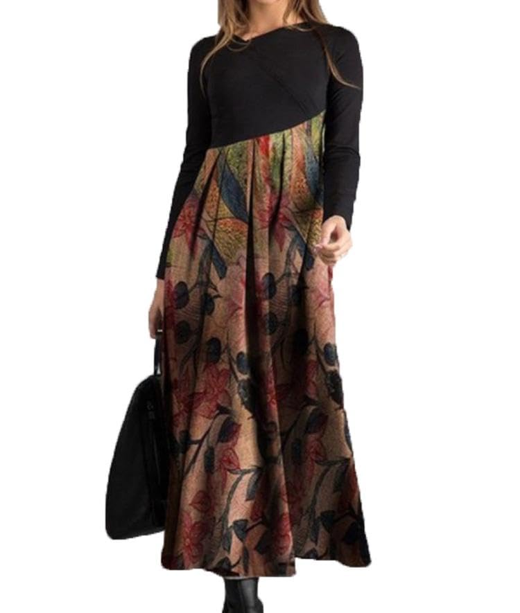 Akivide Women's Boho Floral Print Long Sleeve Maxi Dresses Flowy Casual Loose Long Dresses