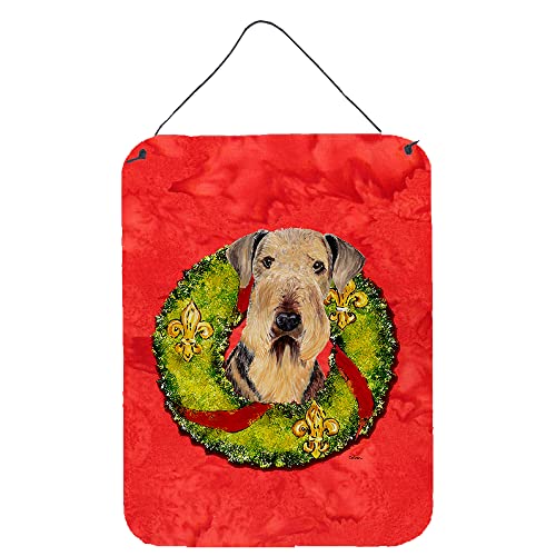 Caroline's Treasures SC9103DS1216 Airedale Christmas Wreath Wall or Door Hanging Prints Aluminum Metal Sign Kitchen Wall Bar Bathroom Plaque Home Decor Front Door Plaque, 12x16, Multicolor