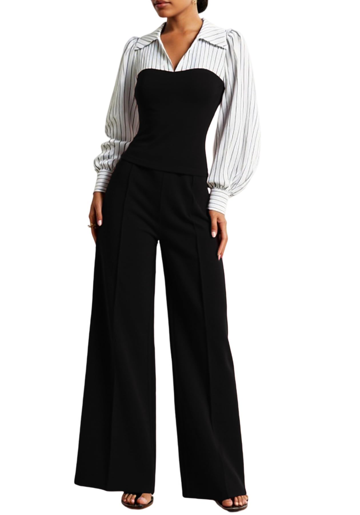 Photo 1 of MISING TOP**************LAJIOJIO Women's Fall Two Piece Outfits Dressy,V Neck Long Sleeve and Wide Leg Pants Business Office with Pockets (Size Unknown)