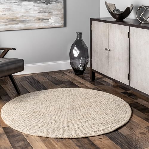 nuLOOM 8 Round Elfriede Jute & Cotton Hand Woven Area Rug, Natural, Solid Rustic Farmhouse Style, Weaved Design, Natural Fiber, For Bedroom, Living Room, Dining Room, Hallway, Office, Entryway