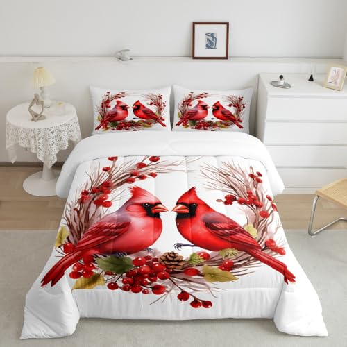 jejeloiu Red Cardinals Comforter Set King Size Kids Pine Cones Comforter for Boys Girls Teens Cute Birds Bedding Set Romantic Love Duvet Set Room Decorations Quilt Set