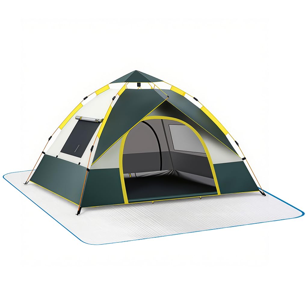 Proberos® Camping Tent for 3-4 People, Pop-up Folding Outdoor Camping Tent with Mosquito Net Windows & Zip-up Door, Windproof Sleeping Tent with Waterproof Camping Mat, with Storage Bag, Ground Sticks