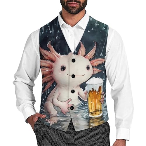 Funny Axolotl Beer Men's Suit Vests Business Formal Dress Vest V-Neck Waistcoat for Wedding Casual