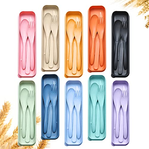 Reusable Travel Utensils Set with Case, 10 Sets Wheat Straw