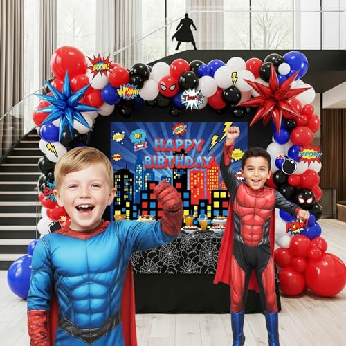 Image of Blue Red Black white Balloon Garland Arch Kit 140PCS with backdrop card stickers Large Starburst mylar balloons for Spider Theme boy birthday Party Man Superhero inspired decorations