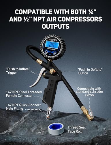 AstroAI Digital Tire Pressure Gauge with Inflator, 3-250 PSI Air Chuck & Compressor Accessories Heavy Duty with Quick Connect Coupler, 0.1 Display Resolution, 1Pack Standard - 1