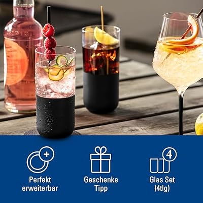 Villeroy & Boch Manufacture Rock Collection Longdrink Glass Set, Set of 4, Crystal Glass with Matte Black Base, Made in Europe, Capacity 10 oz