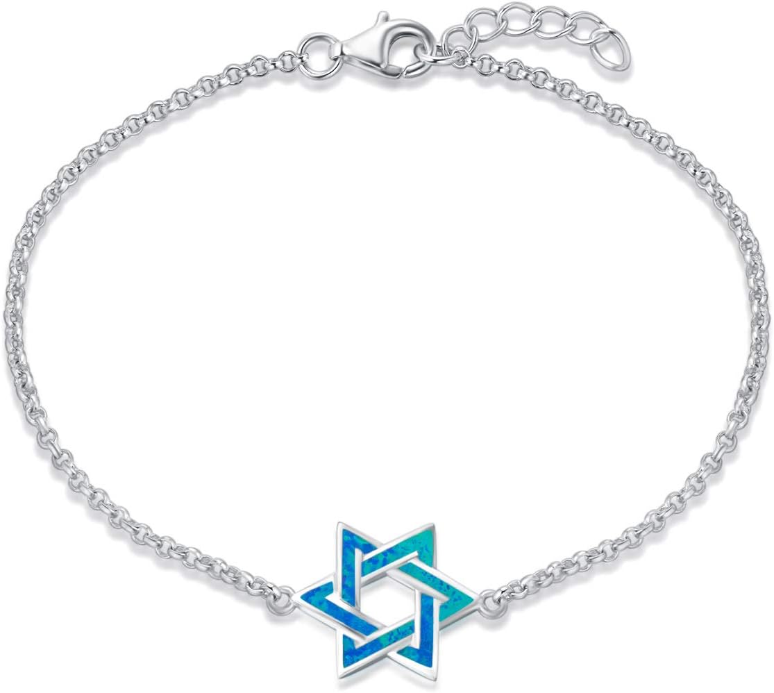 FANCIME Hanukkah Sterling Silver Created Blue Opal Star Necklace/Dangle Earrings/Bracelet Charm Danity October Birthstone Fine Jewelry for Women