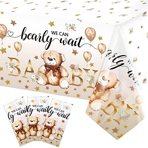 Capoda 3 Pack Bear Baby Shower Tablecloths Gender Reveal Table Covers Rectangle Plastic Table Cloths for Bear Baby Shower Gender Reveal Party Decorations, 54 x 108 Inch