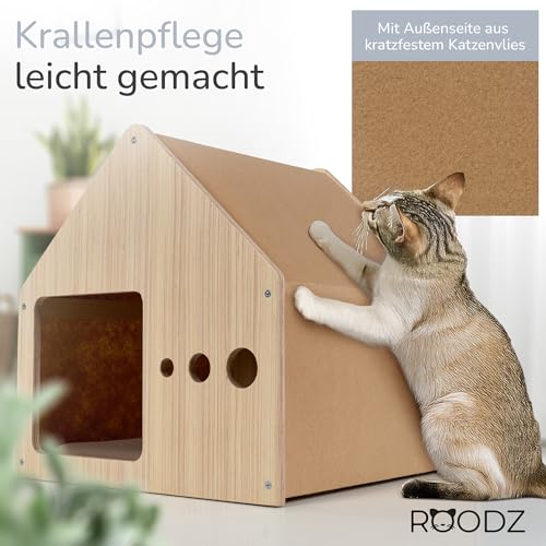 ROODZ 2-in-1 Kratz- & Loungehöhle für Katzen – Echtholz & Kratzvlies – Gemütliche Katzenhöhle