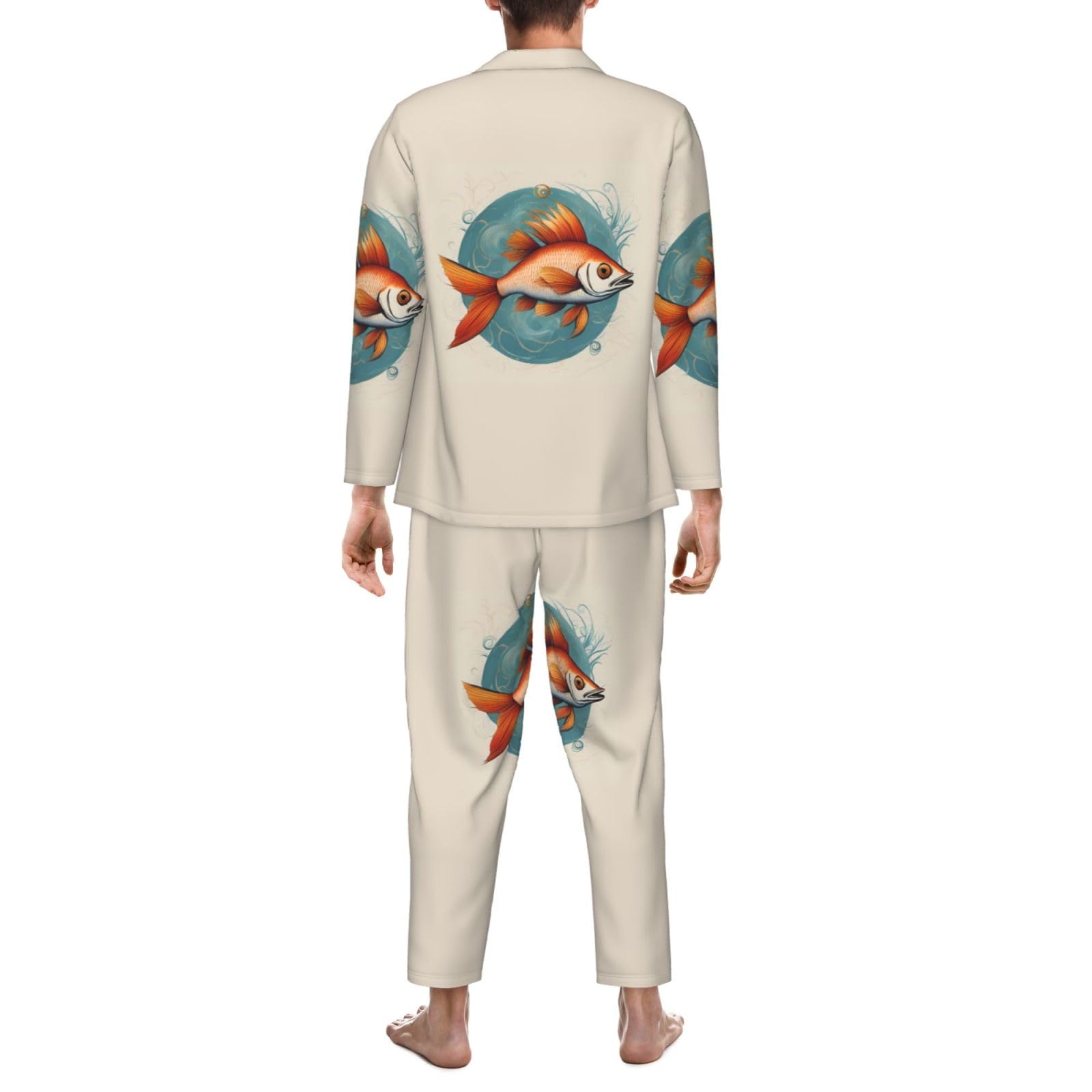 Schönes Herren-Pyjama-Set, langärmelig, Fisch-Druck, zweiteilig, Hauskleidung, bequeme Nachtwäsche