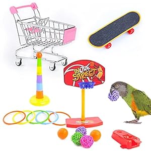 Qpets® 7PCS Bird Toys Set Bird Training Toys and Accessories Including Shopping Cart Basketball Stacking Skateboard Training Toy (Random Color) (Set One)
