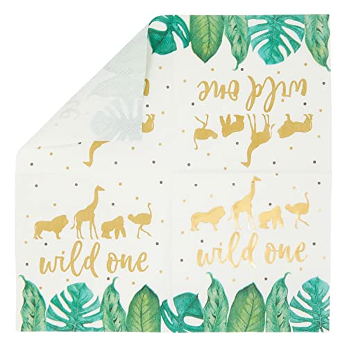 50 Pack Wild One Napkins For Jungle Safari First Birthday Party Supplies, Animal Print Napkins For Boys Or Girls Party, Green Leaves With Gold Foil Accents (5 X 5 In) #TOP4
