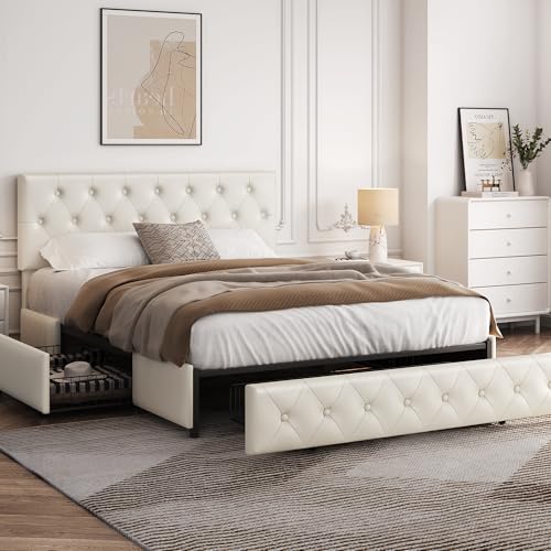 Yaheetech Queen Bed Frame Upholstered Bed Frame with Adjustable Diamond Button-Tufted Headboard/3 Drawers Storage, Queen Platform Bed/Strong Wooden Slats, Beige Queen Bed