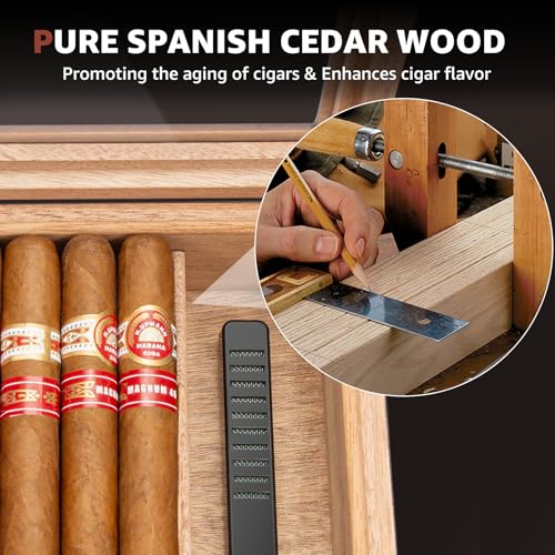 Flauno Cigar Humidor with Digital Hygrometer, Holds up to 40 Cigars, Cedar Wood Lining, Humidifier, Divider - Thumbnail 5