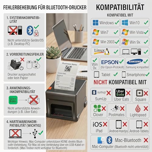 Fuhuihe Thermodrucker 80mm Mobiler Einsatz, USB & Bluetooth, 300mm/s, Nur für Windows/Mac, Inkl. 5 Rollen + 58mm Adapter