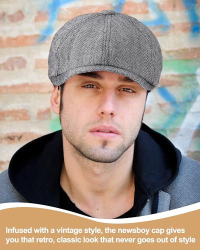Image of Suhine 6 Pcs Newsboy Cap for Men Octagonal Hat 8 Panel Wool Blend Beret Flat Tweed Adjustable 22 to 24 Inch